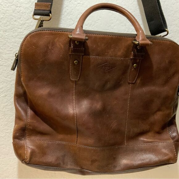 Fossil Briefcase Mens Brown Leather Bag Laptop Messenger - Picture 3 of 13